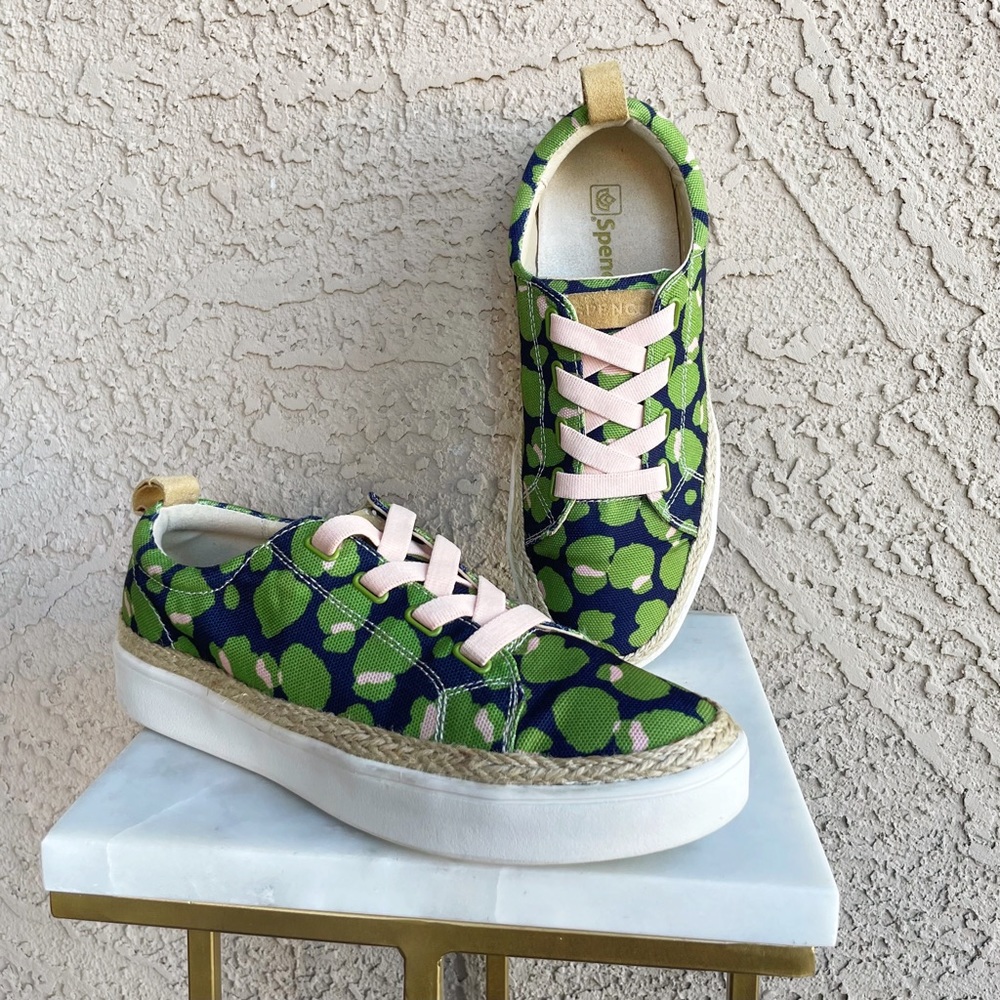 SPENCO Malibu Green & Navy Bokeh Spotted Canvas Lace Up Orthotic Sneakers Sz 8